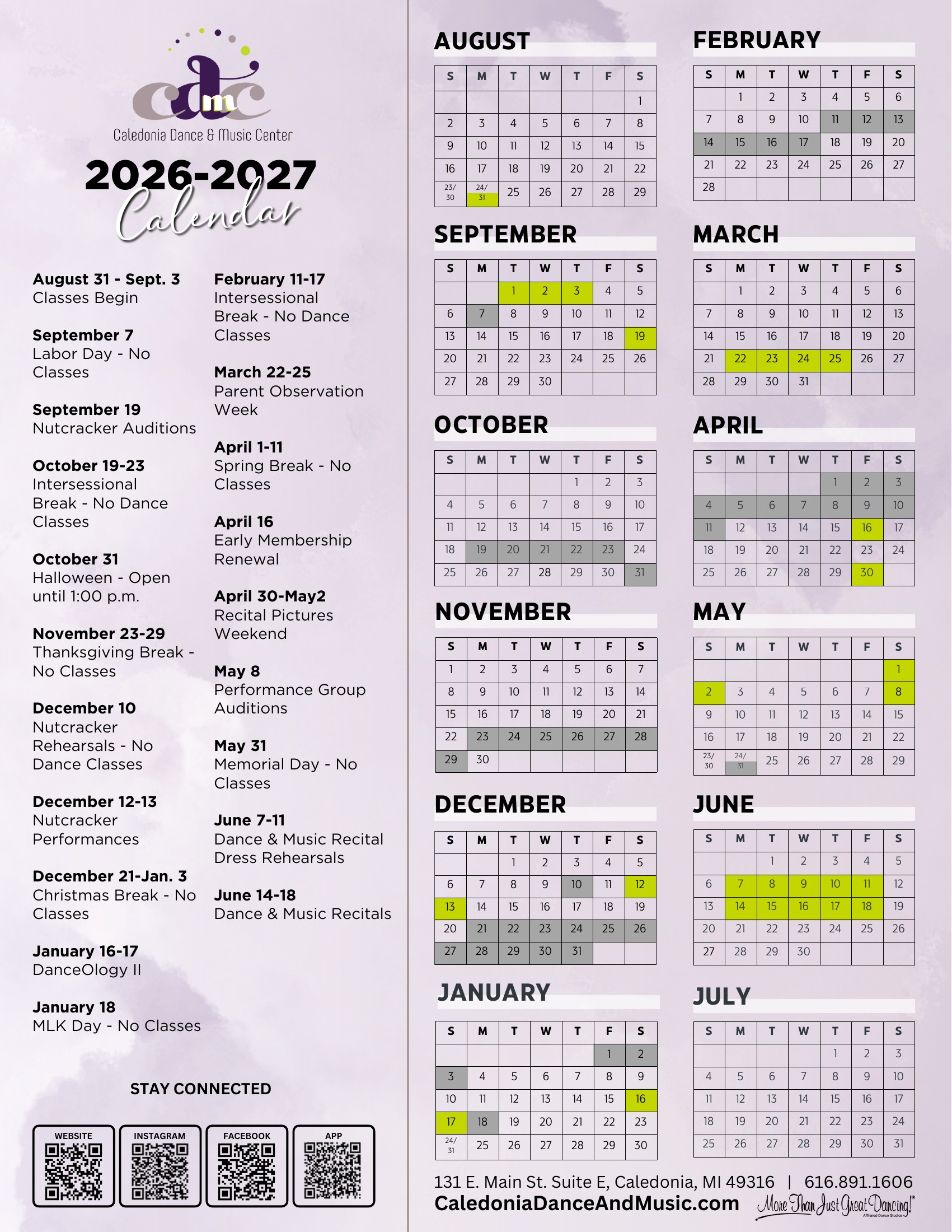 Caledonia Dance & Music Center 2026-2027 calendar, updated September 2026